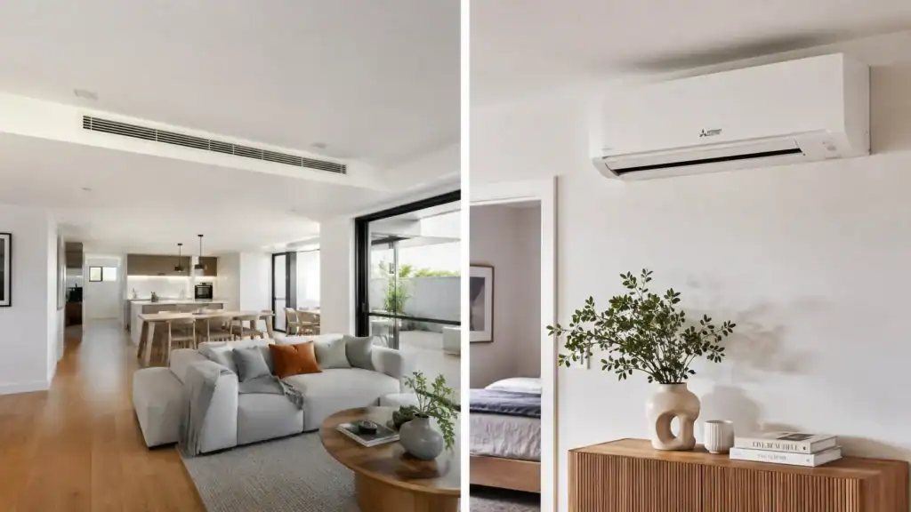 A split image showing two air conditioning units: the left side displays a ducted unit in a modern open-plan living and dining area; the right side shows a wall-mounted unit above a sideboard with decor in a bedroom.