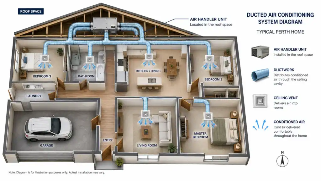 A cutaway diagram of a house shows a ducted air conditioning system. Blue ducts in the roof space distribute conditioned air to each room, with labels highlighting key components: air handling unit, ductwork, ceiling vent, and airflow direction.