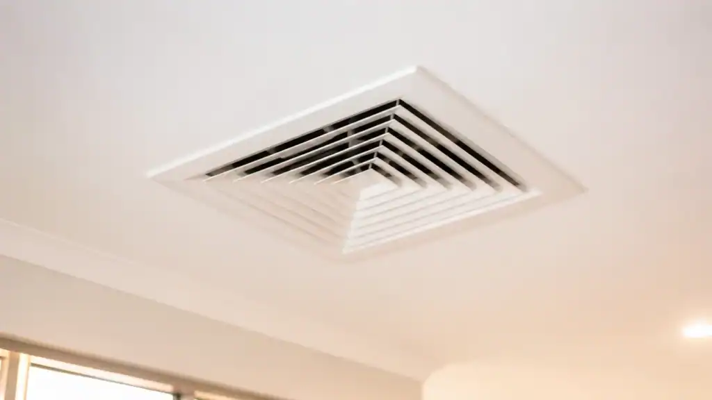 A white, square ceiling air vent with a geometric, layered grille pattern, set in a smooth, light-coloured ceiling. The image is bright and shows part of a wall and window frame in the background.