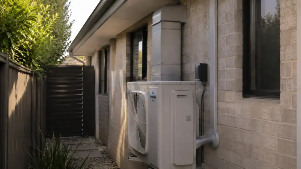 A heat pump unit installed on the exterior wall of a light brick house, with metal ducting and electrical connections, beside a narrow pathway bordered by a fence and gravel.